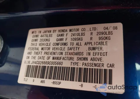 2009 Acura Tsx z USA, uszkodzony, nr VIN JH4CU26669C005660
